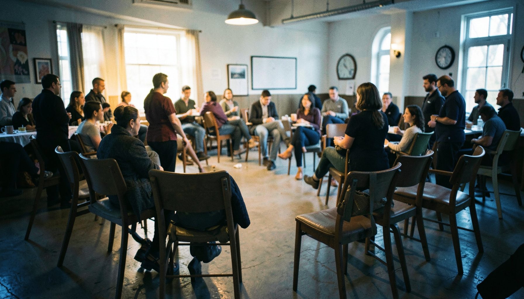 Warm candid photograph of a community gathering space, soft golden and blue ambient tones, inviting atmosphere with empty chairs arranged in a circle